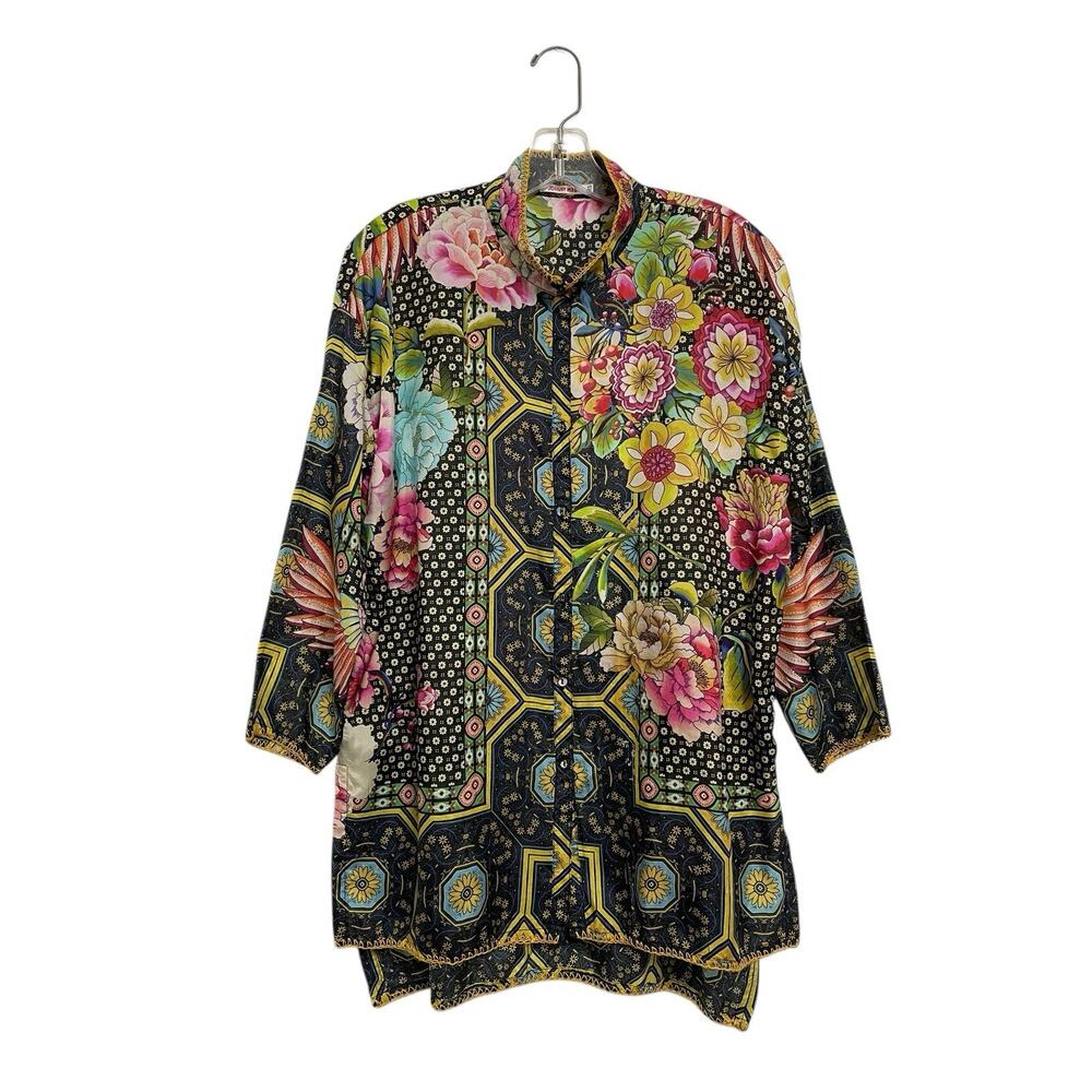 Johnny Was Fagan Josie Boho Silk Button Down Top Shirt Crochet Hem XS READ